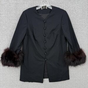 Caralura Original Sweater Cardigan Womens M Black Fur Trim Lined Wool Blend